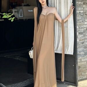 Strapless Brown Maxi Dress with Draped Tie Detail